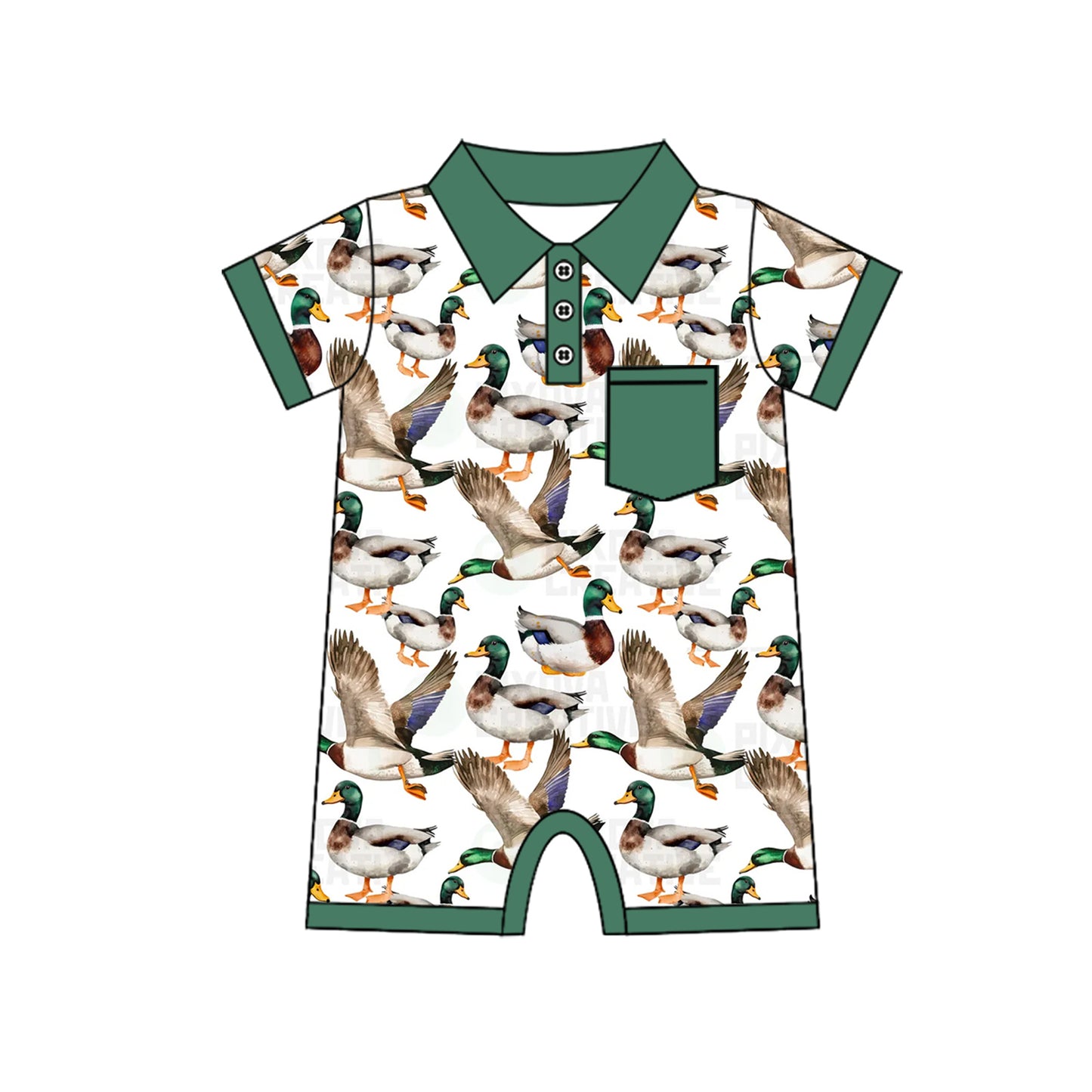 Green short sleeves pocket duck baby boy polo romper