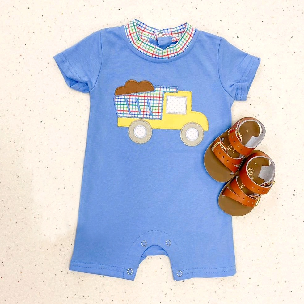 Light blue short sleeves constructions baby boy romper