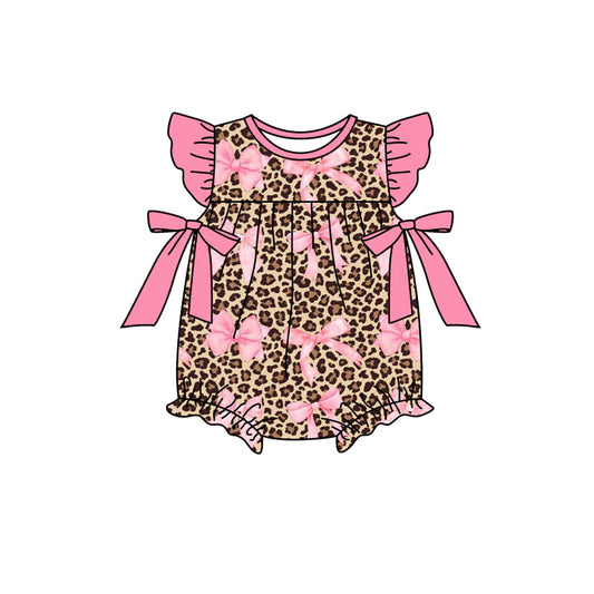 Flutter sleeves pink bow leopard baby girls romper