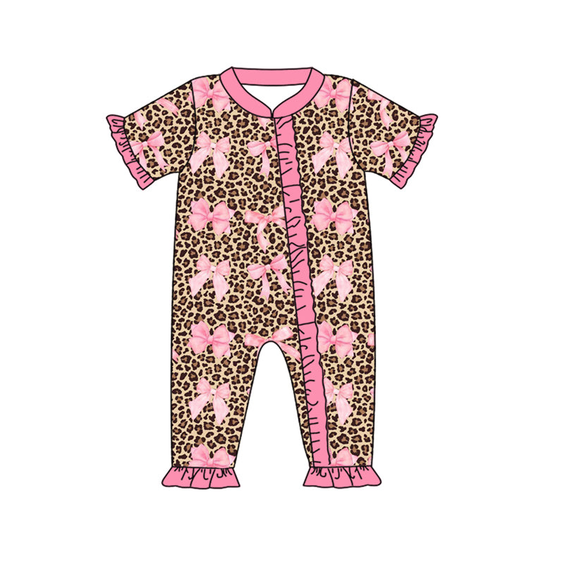 Short sleeves pink bow leopard baby girls zipper romper