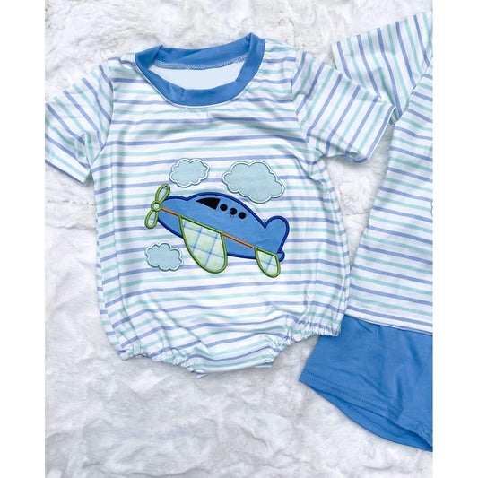 Short sleeves stripe airplane baby boy romper