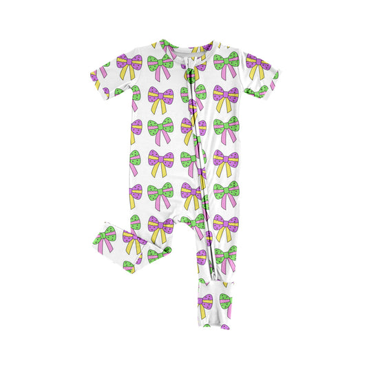 Purple yellow green bow baby girls Mardi Gras zipper romper