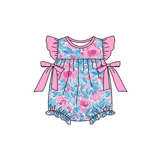 Pink flutter sleeves floral bow baby girls romper