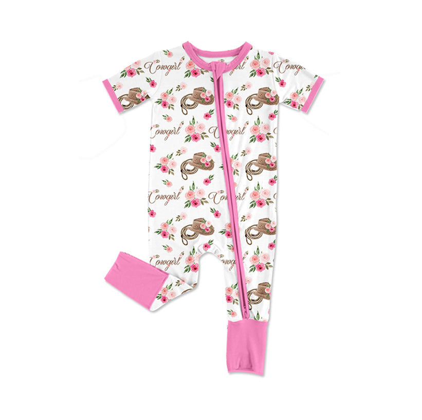 Short sleeves floral hat cowgirl western baby zipper romper