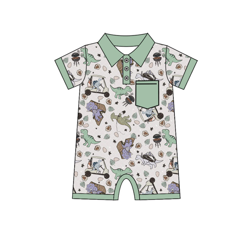 Short sleeves pocket dinosaur baby boy polo romper