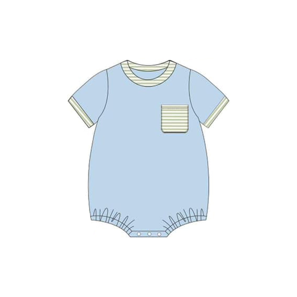 Light blue short sleeves stripe pocket baby boy romper