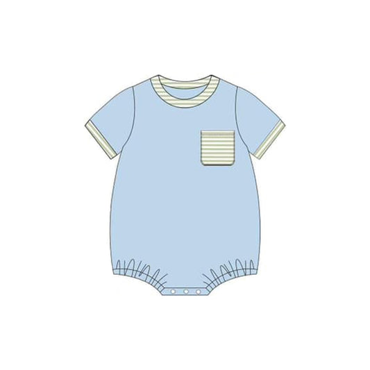 Light blue short sleeves stripe pocket baby boy romper