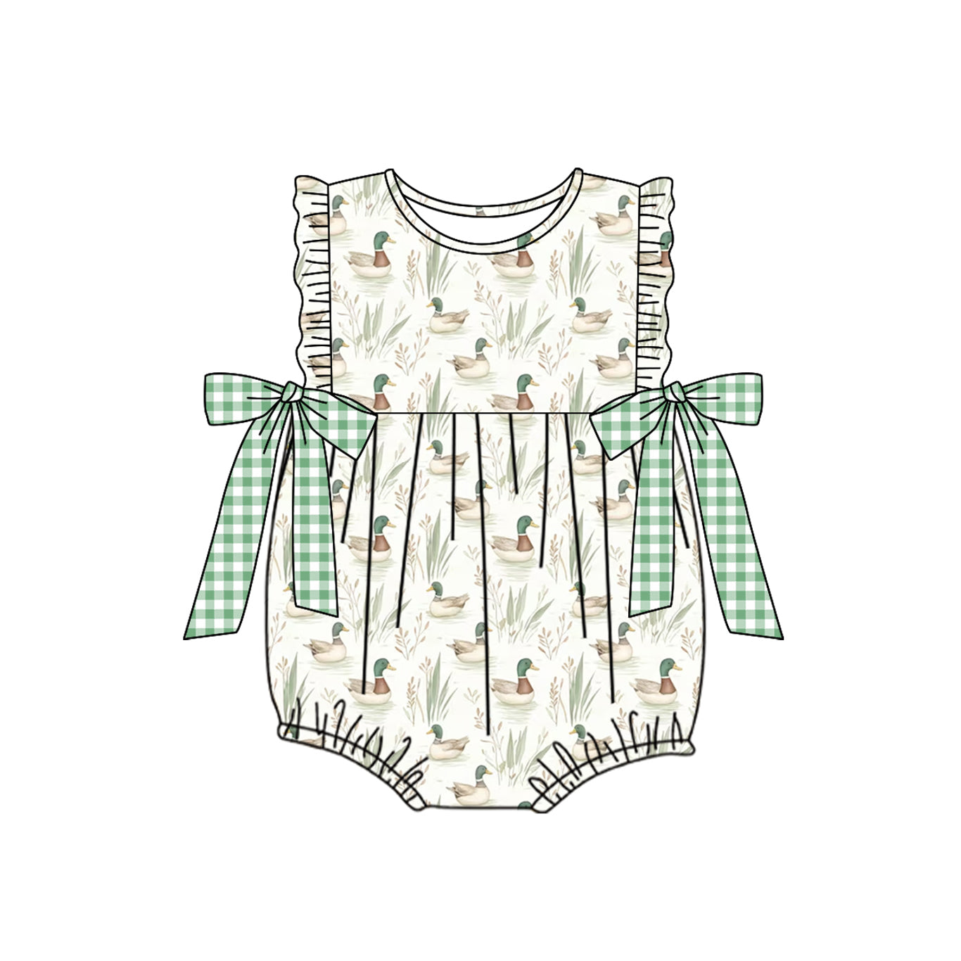 Green plaid bow duck baby girls summer romper