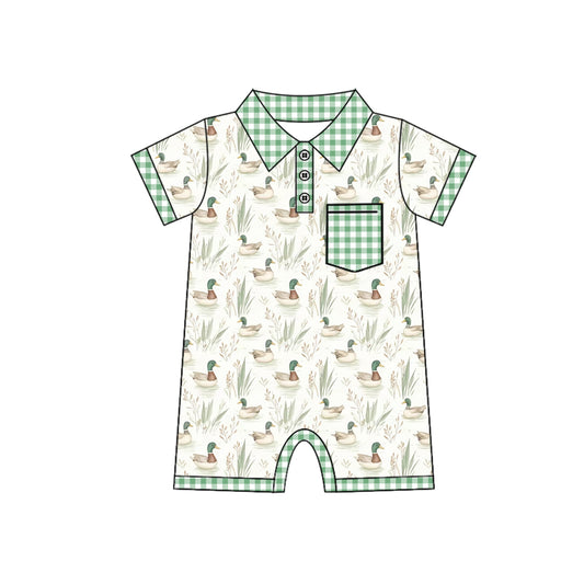 Green plaid pocket duck baby boy summer polo romper