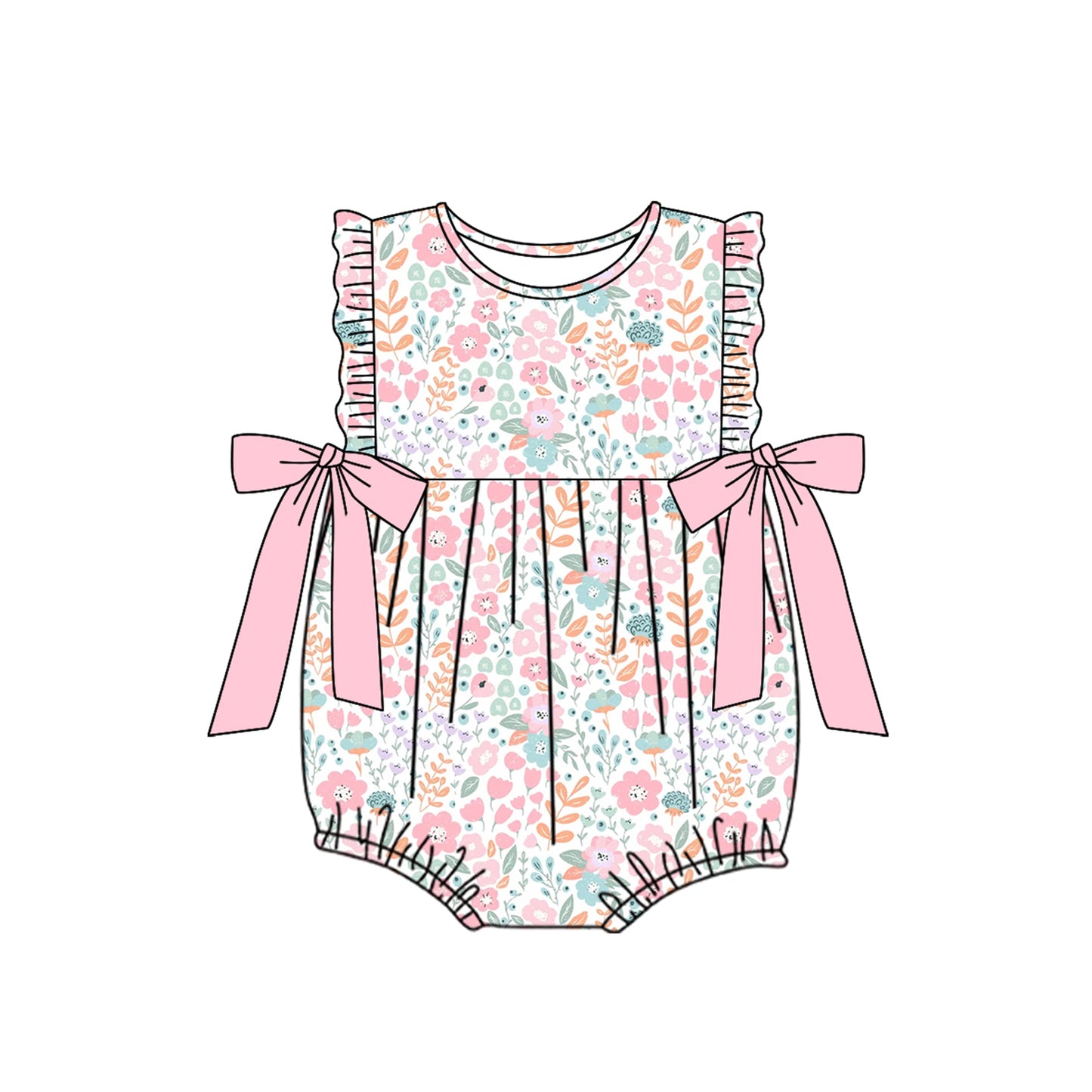 Pink bow floral ruffles baby girls summer romper