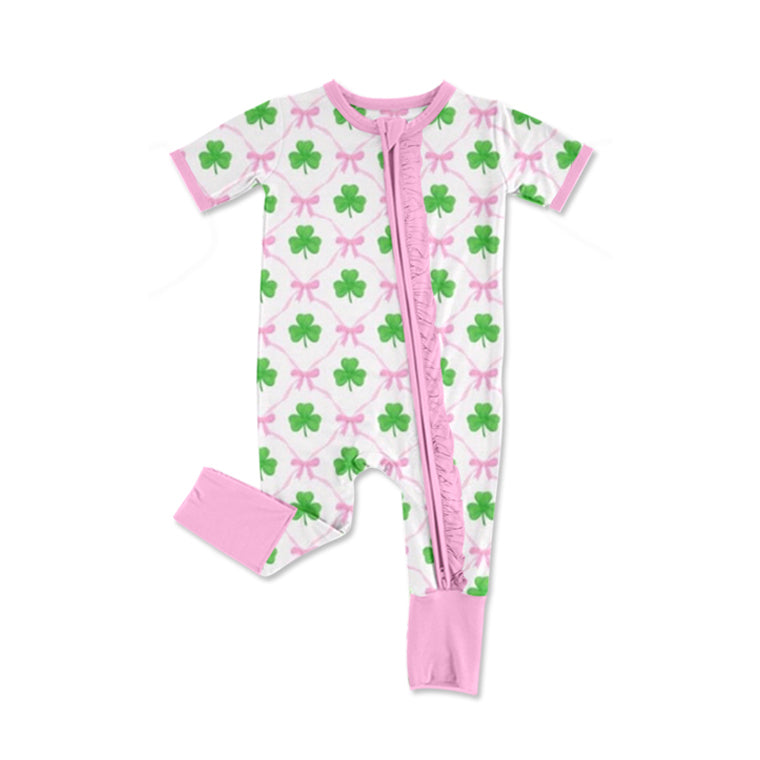 Pink bow shamrock baby girls St Patrick's day romper