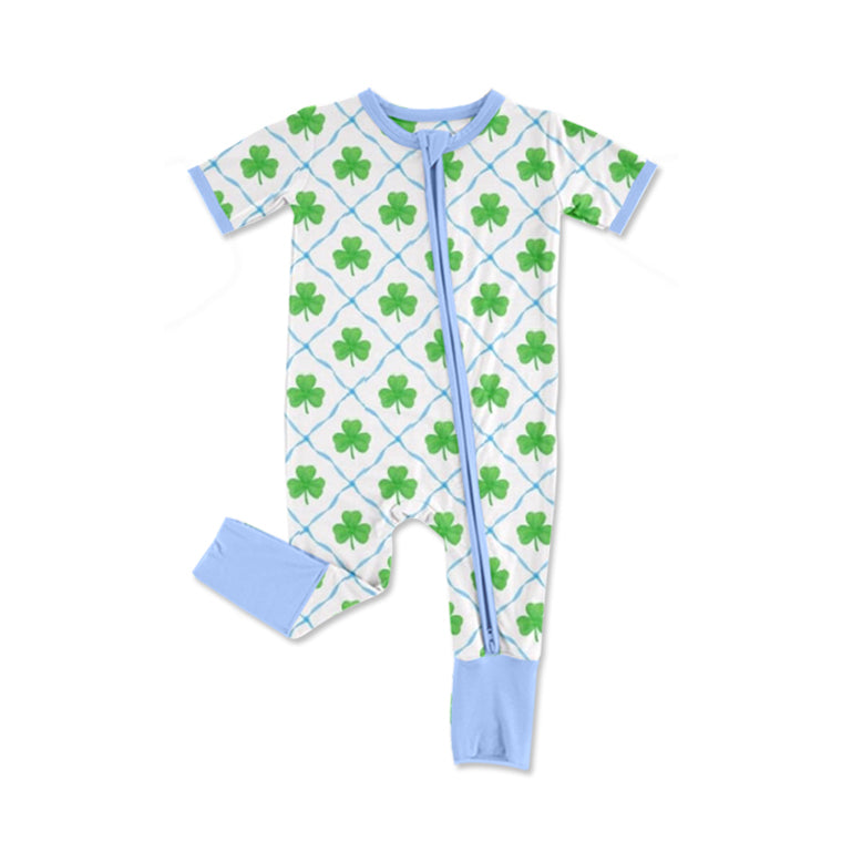 Light blue bow shamrock baby boys St Patrick's day romper