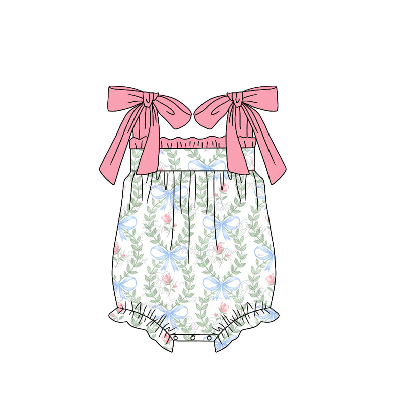 Pink straps bow floral baby girls spring summer romper