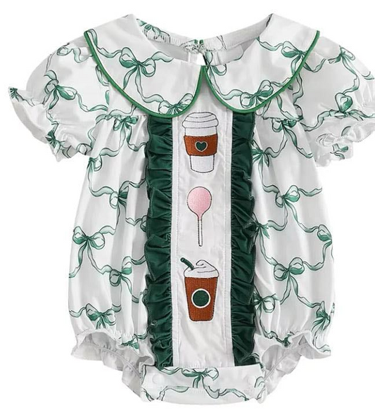 Short sleeves green bow lollipop baby girls romper