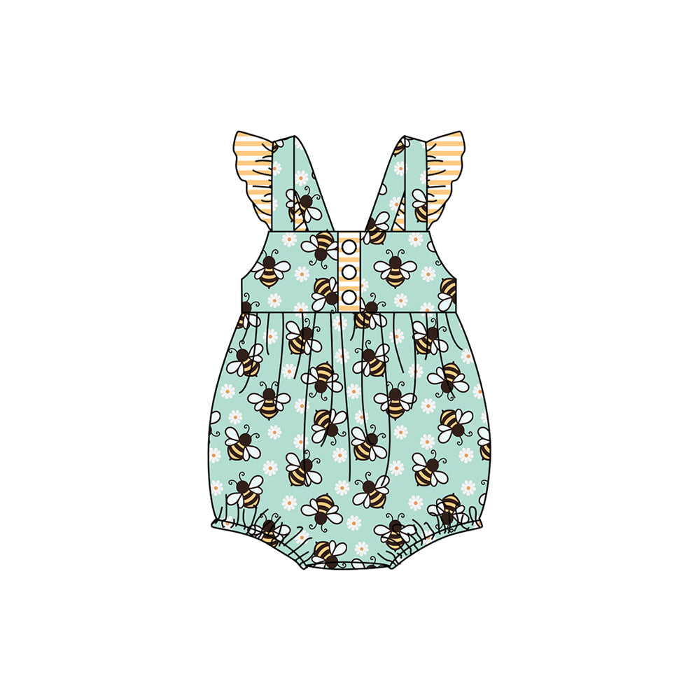 Flutter sleeves straps floral bee baby girls romper