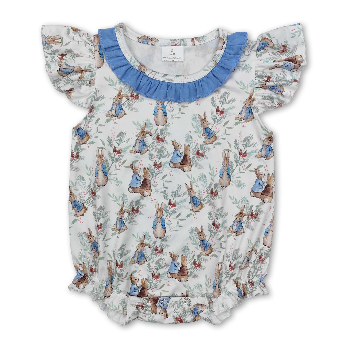 Joules Rabbit Romper Flutter sleeves light blue ruffle rabbit baby girls Easter romper ...