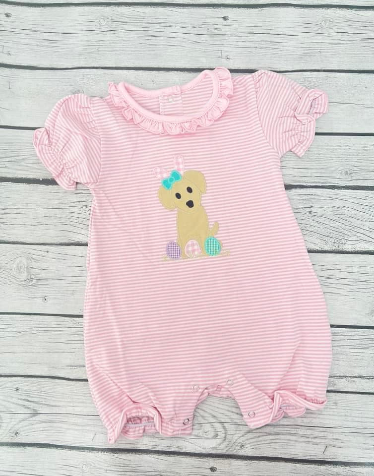 Short sleeves pink stripe dog eggs girls Easter romper