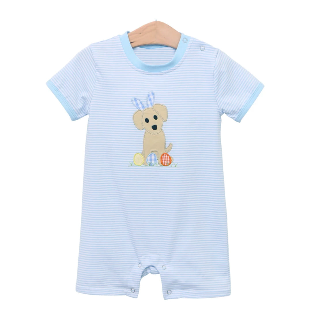 Short sleeves light blue stripe dog eggs boys Easter romper