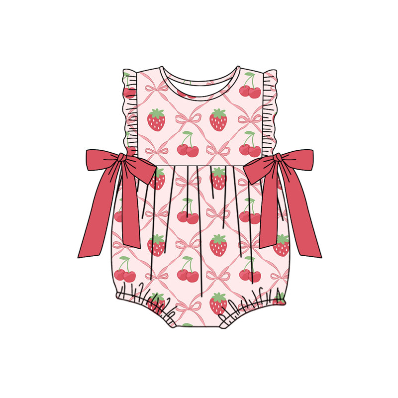 Ruffle pink bow strawberry cherry baby girls romper