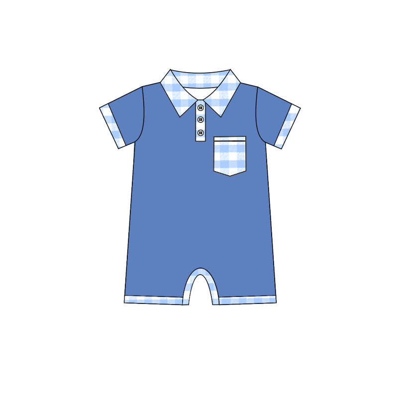 Plaid pocket short sleeves blue baby boy summer polo romper