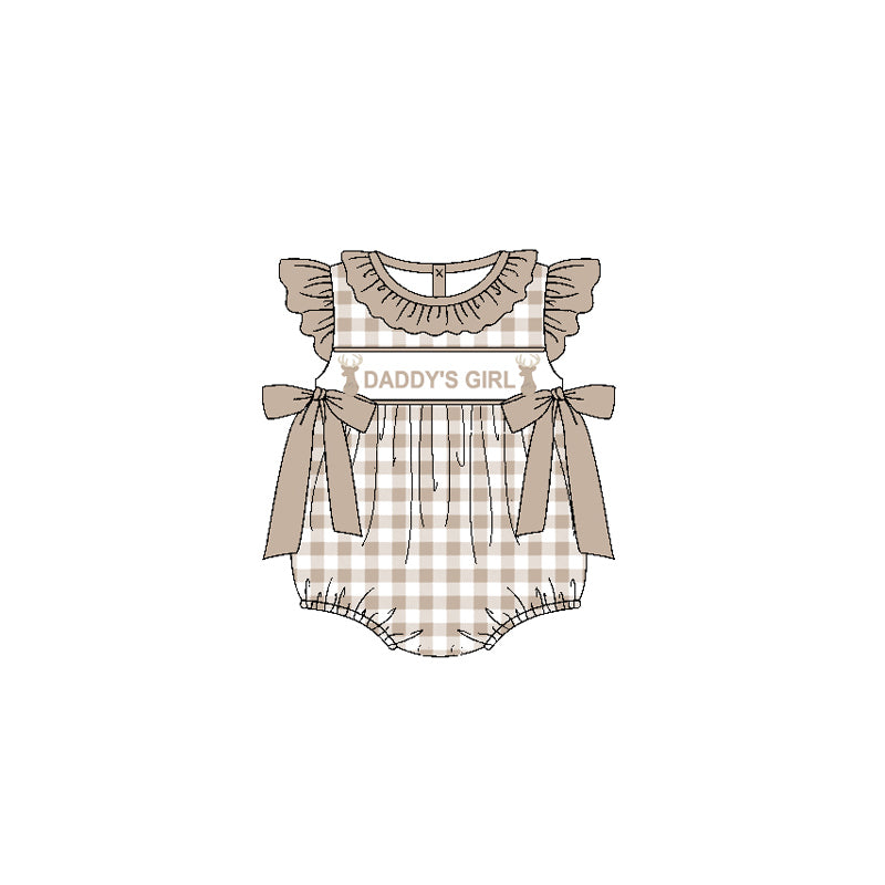 Khaki plaid flutter sleeves daddy's girl deer baby romper