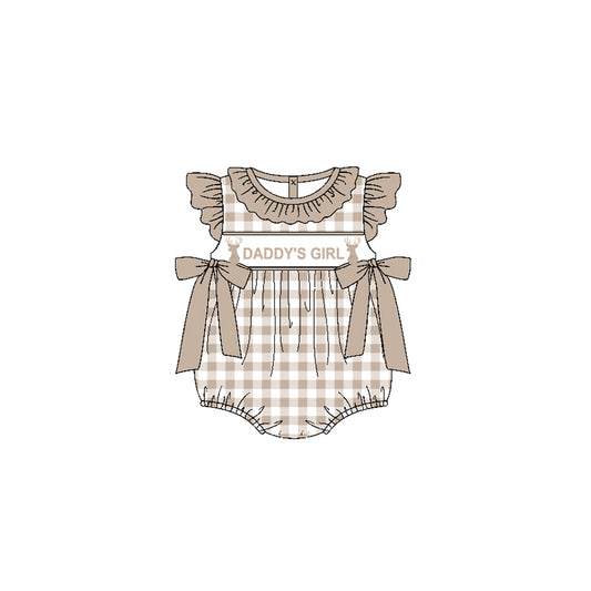 Khaki plaid flutter sleeves daddy's girl deer baby romper