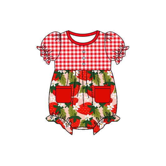 Red plaid short sleeves strawberry baby girls romper