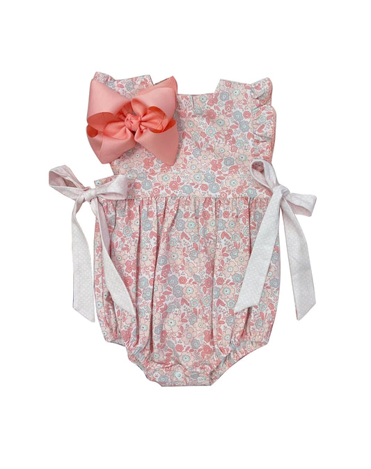 Flutter sleeves pink floral bow baby girls romper