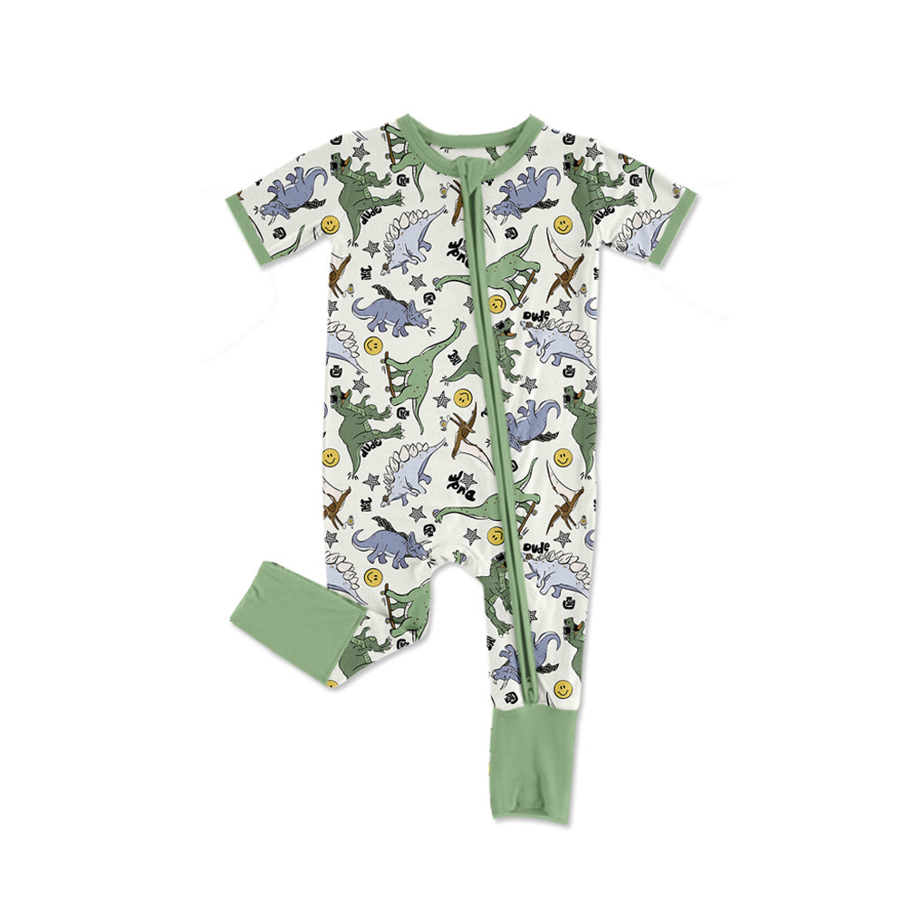 Short sleeves dinosaur baby boy zipper romper