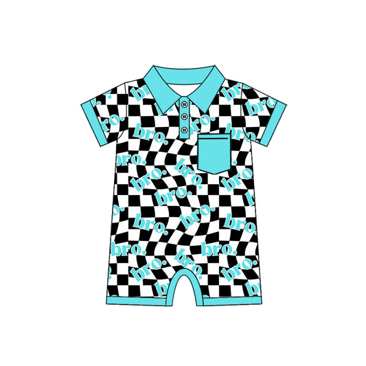 Short sleeves light blue plaid brother baby boy polo romper