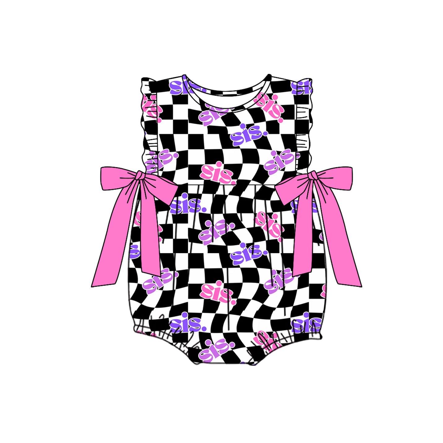 Pink bow plaid ruffle sister baby girls romper