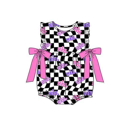 Pink bow plaid ruffle sister baby girls romper