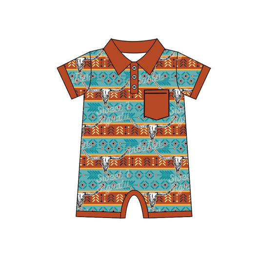 Short sleeves bull skull pocket western baby polo romper