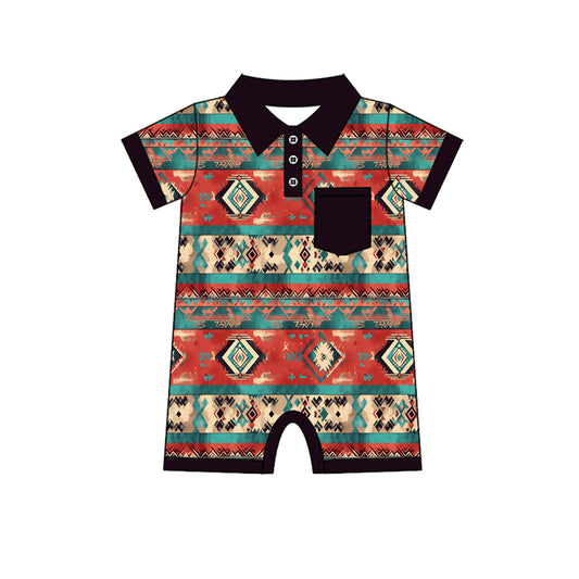 Short sleeves black pocket aztec western baby polo romper