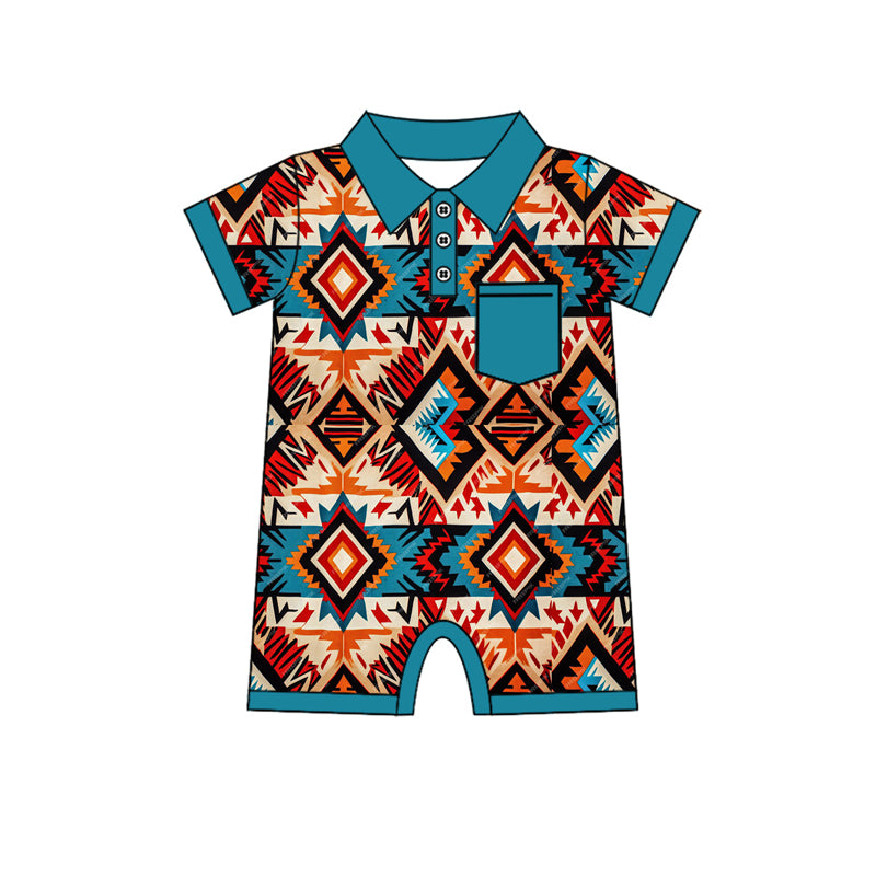 Short sleeves blue pocket aztec western baby polo romper