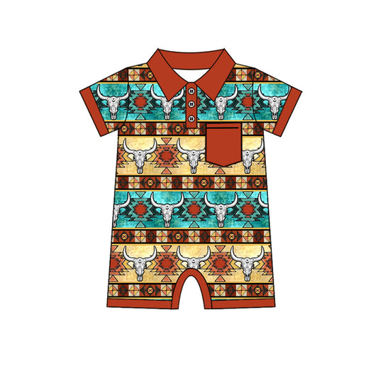 Short sleeves pocket bull skull aztec western baby polo romper