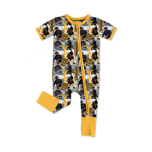 Short sleeves yellow leopard singer baby kids zipper romper