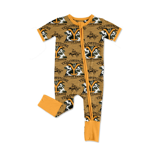 Short sleeves yellow horse singer baby kids zipper romper