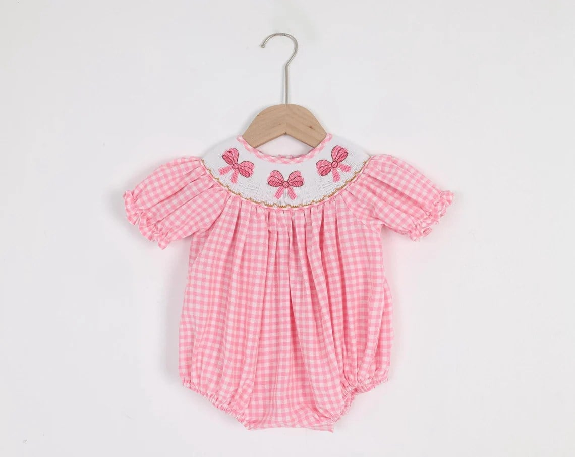 Short sleeves pink bow baby girls summer romper