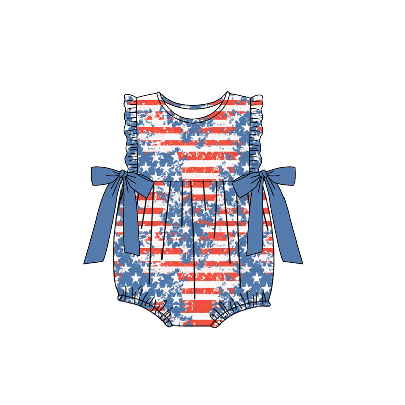 Ruffle stars stripe bow baby girls 4th of july romper