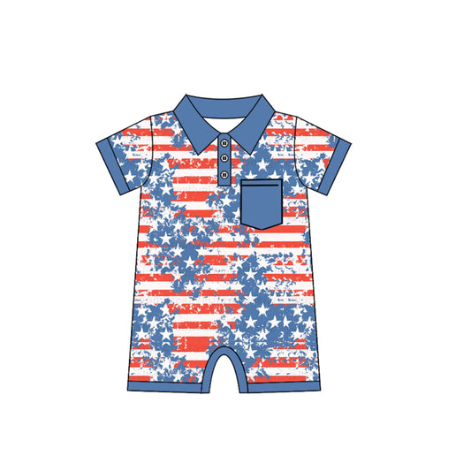 Short sleeves stars stripe baby boys 4th of july polo romper