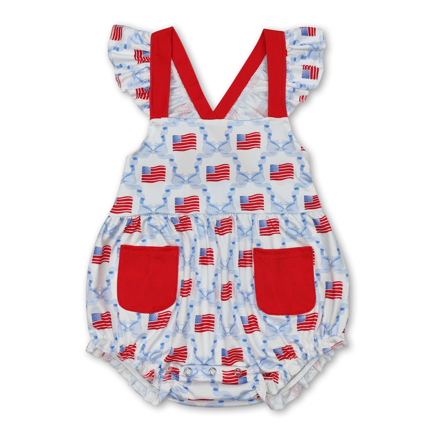 Flutter sleeves bow flag baby girls 4th of july romper