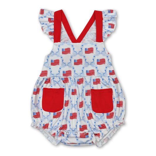 Flutter sleeves bow flag baby girls 4th of july romper