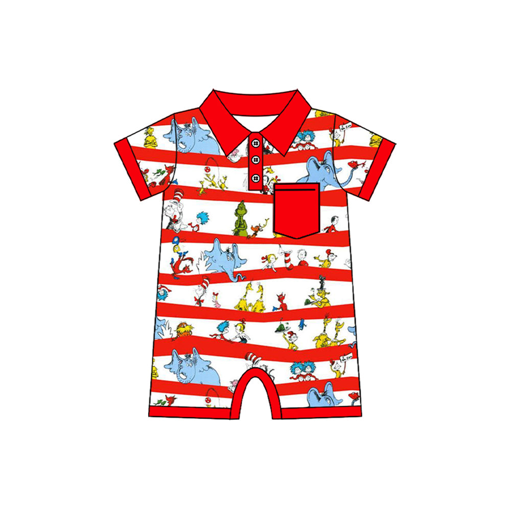 Red pocket short sleeves elephant cat baby boy polo romper