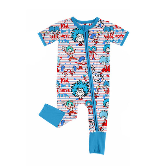 Blue short sleeves stripe cat hat baby kids zipper romper
