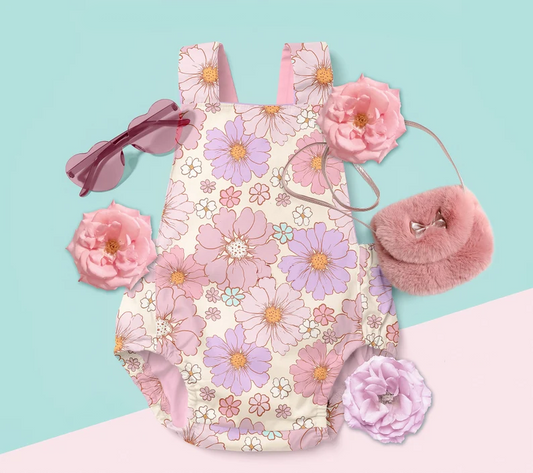 Pink straps floral baby girls summer romper