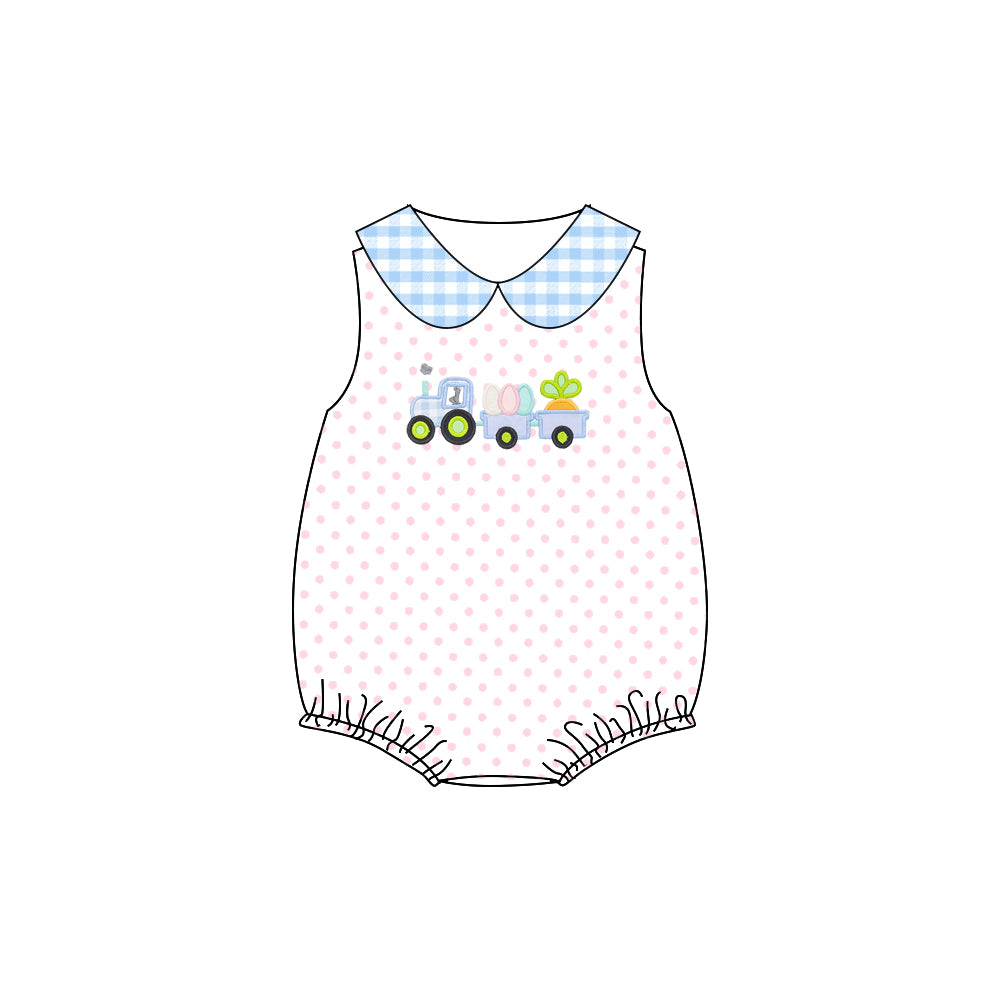 Sleeveless polka dots eggs tractor baby girls Easter romper