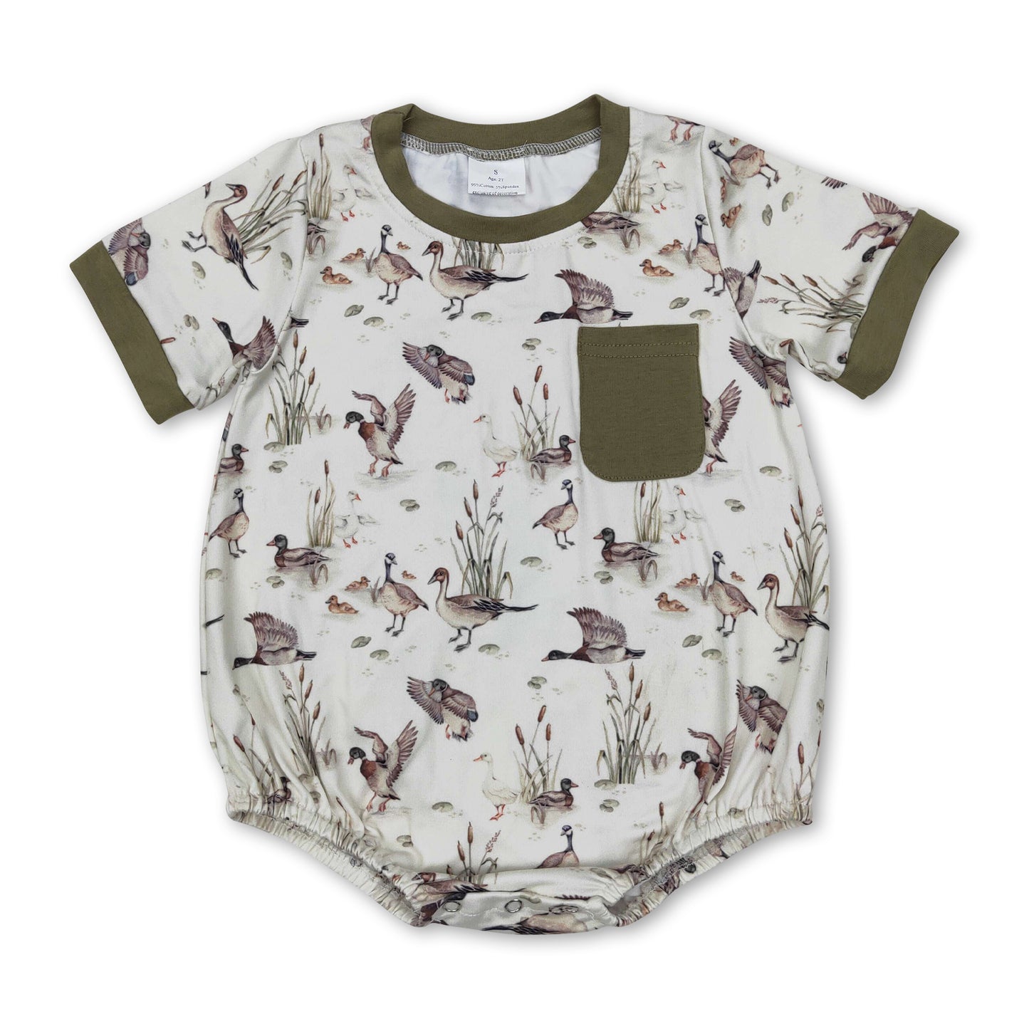 Olive pocket duck baby boy summer romper