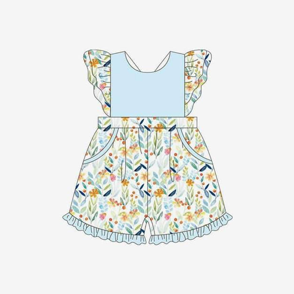 Flutter sleeves light blue floral baby girls summer overalls