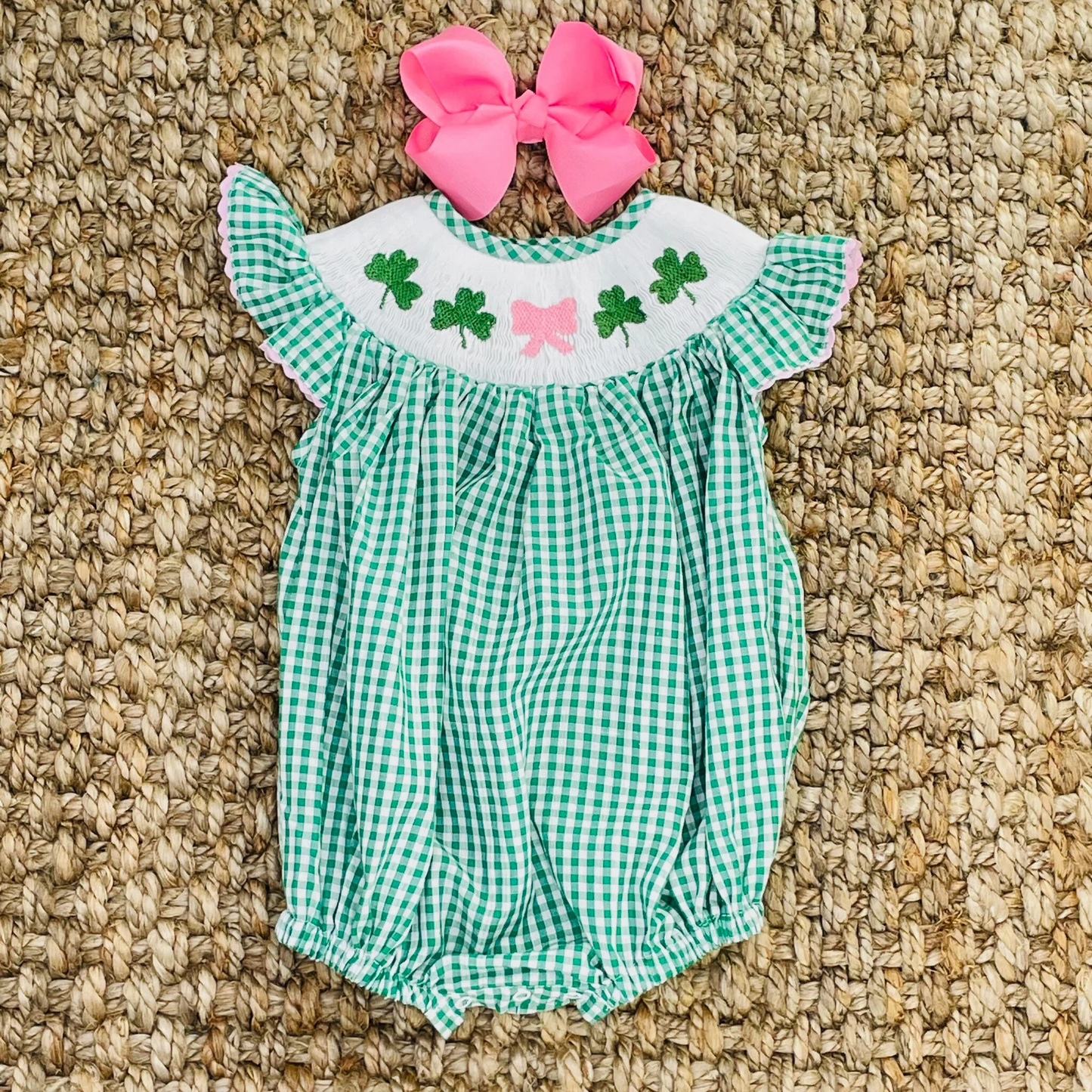 Green plaid shamrock bow baby girls St Patrick's romper